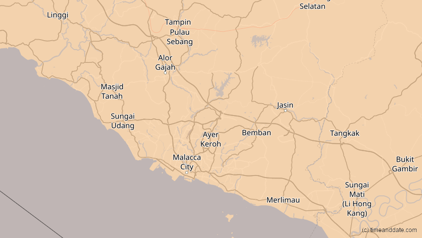 A map of Malakka, Malaysia, showing the path of the 26. Jan 2009 Ringförmige Sonnenfinsternis