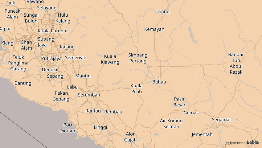 A map of Negeri Sembilan, Malaysia, showing the path of the 26. Jan 2009 Ringförmige Sonnenfinsternis