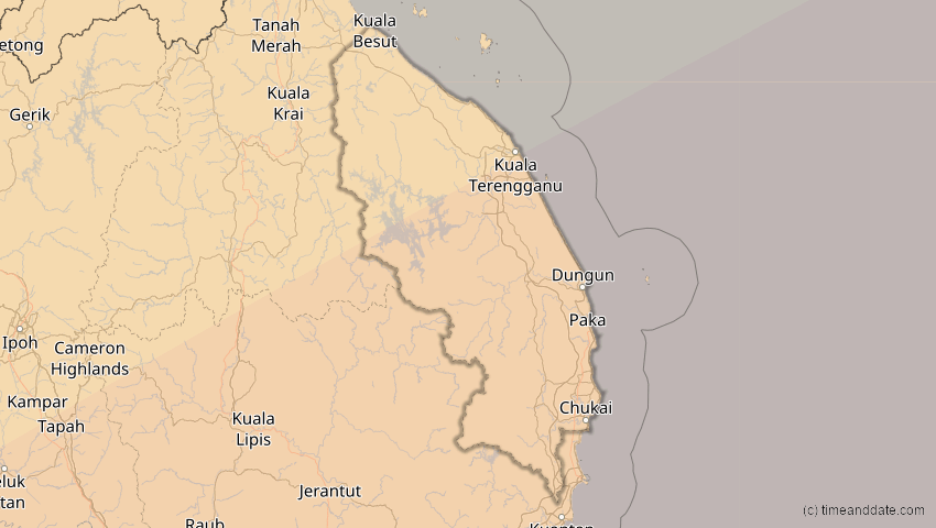 A map of Terengganu, Malaysia, showing the path of the 26. Jan 2009 Ringförmige Sonnenfinsternis
