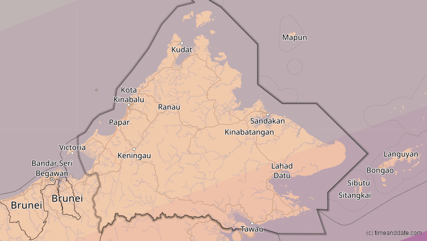 A map of Sabah, Malaysia, showing the path of the 26. Jan 2009 Ringförmige Sonnenfinsternis