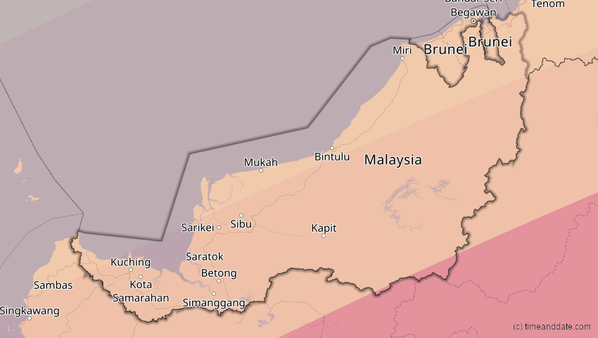 A map of Sarawak, Malaysia, showing the path of the 26. Jan 2009 Ringförmige Sonnenfinsternis