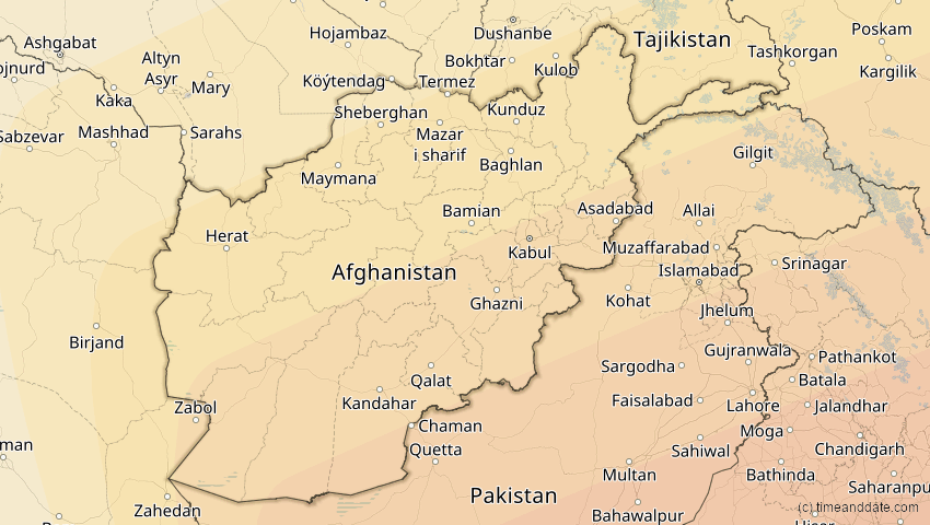A map of Afghanistan, showing the path of the 22. Jul 2009 Totale Sonnenfinsternis