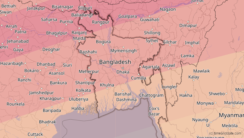 A map of Bangladesch, showing the path of the 22. Jul 2009 Totale Sonnenfinsternis