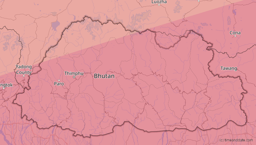 A map of Bhutan, showing the path of the 22. Jul 2009 Totale Sonnenfinsternis