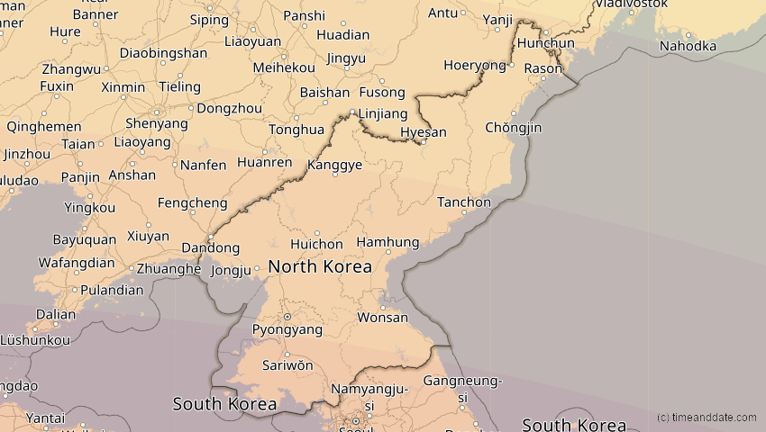 A map of Nordkorea, showing the path of the 22. Jul 2009 Totale Sonnenfinsternis