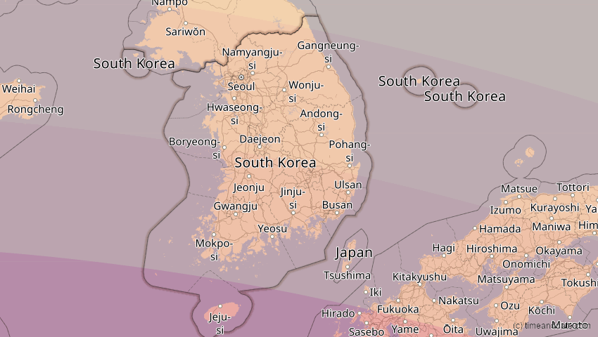 A map of Südkorea, showing the path of the 22. Jul 2009 Totale Sonnenfinsternis
