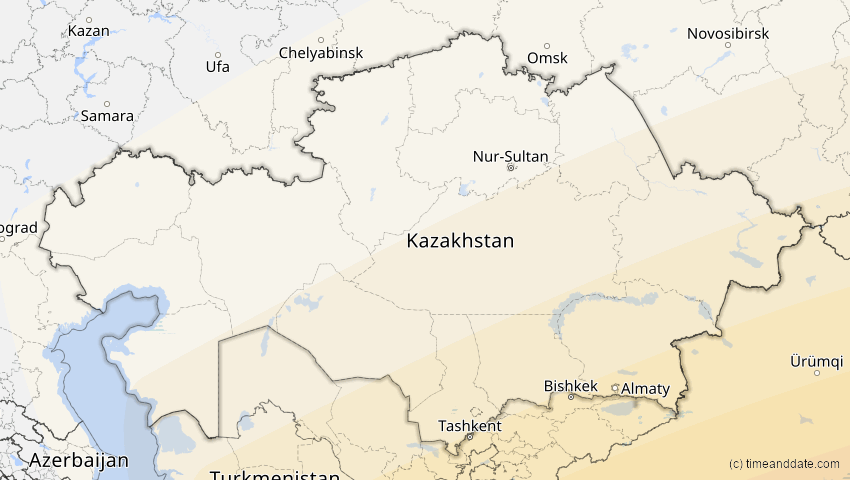 A map of Kasachstan, showing the path of the 22. Jul 2009 Totale Sonnenfinsternis