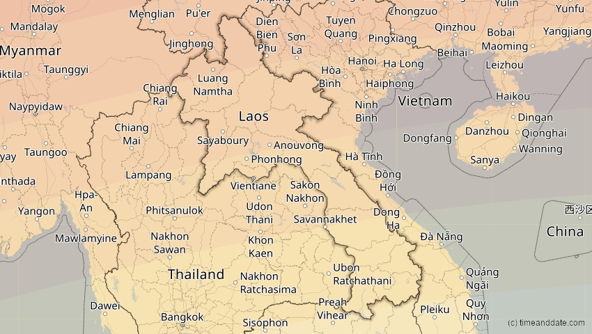 A map of Laos, showing the path of the 22. Jul 2009 Totale Sonnenfinsternis