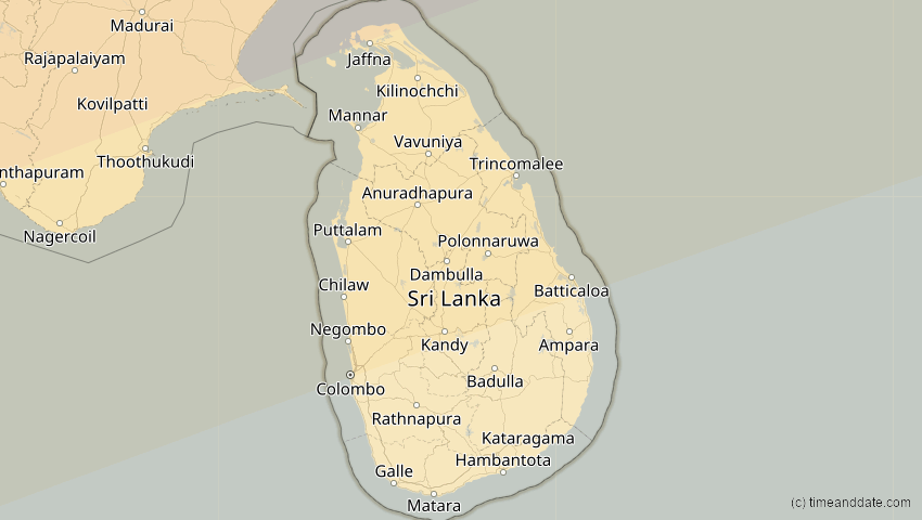 A map of Sri Lanka, showing the path of the 22. Jul 2009 Totale Sonnenfinsternis