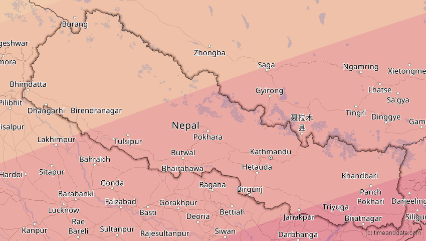 A map of Nepal, showing the path of the 22. Jul 2009 Totale Sonnenfinsternis