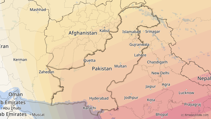A map of Pakistan, showing the path of the 22. Jul 2009 Totale Sonnenfinsternis
