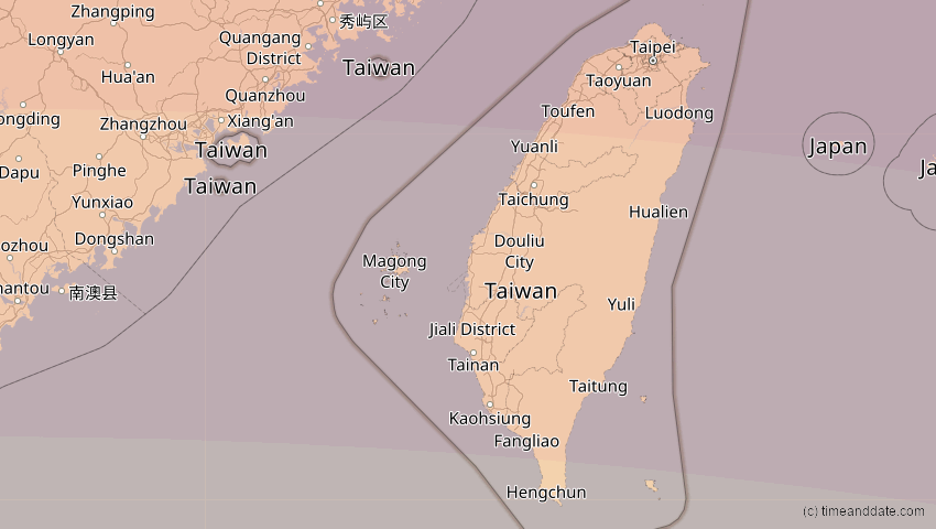 A map of Taiwan, showing the path of the 22. Jul 2009 Totale Sonnenfinsternis