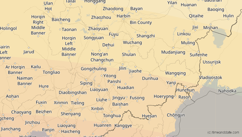 A map of Jilin, China, showing the path of the 22. Jul 2009 Totale Sonnenfinsternis