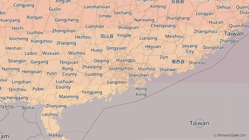 A map of Guangdong, China, showing the path of the 22. Jul 2009 Totale Sonnenfinsternis