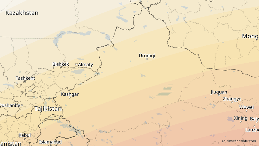 A map of Xinjiang, China, showing the path of the 22. Jul 2009 Totale Sonnenfinsternis