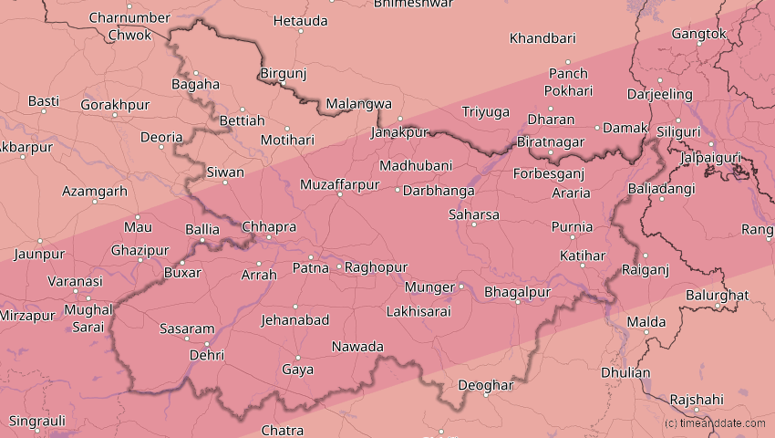 A map of Bihar, Indien, showing the path of the 22. Jul 2009 Totale Sonnenfinsternis