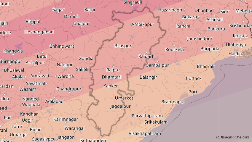 A map of Chhattisgarh, Indien, showing the path of the 22. Jul 2009 Totale Sonnenfinsternis