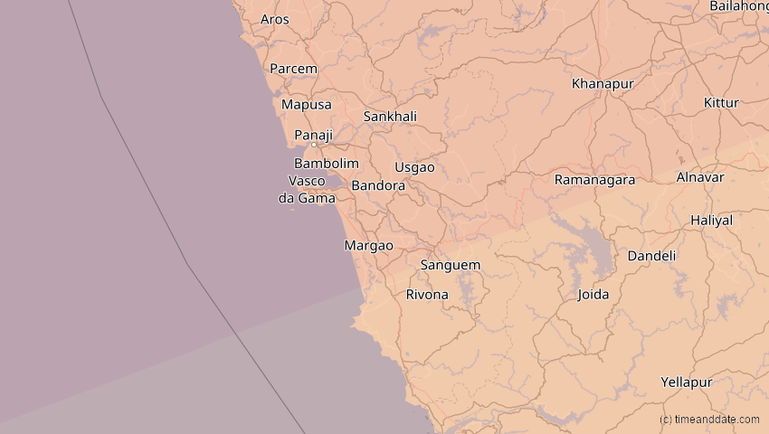 A map of Goa, Indien, showing the path of the 22. Jul 2009 Totale Sonnenfinsternis