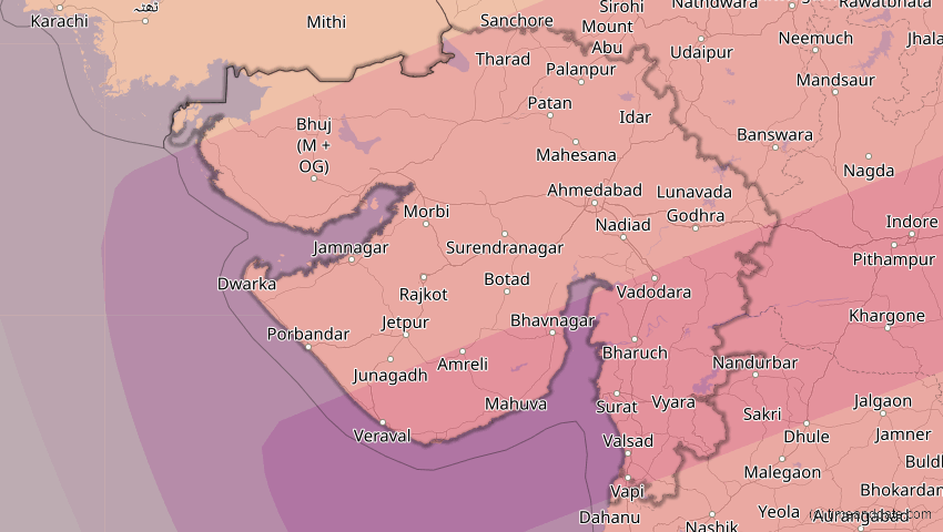 A map of Gujarat, Indien, showing the path of the 22. Jul 2009 Totale Sonnenfinsternis