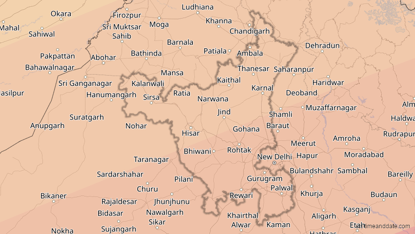A map of Haryana, Indien, showing the path of the 22. Jul 2009 Totale Sonnenfinsternis