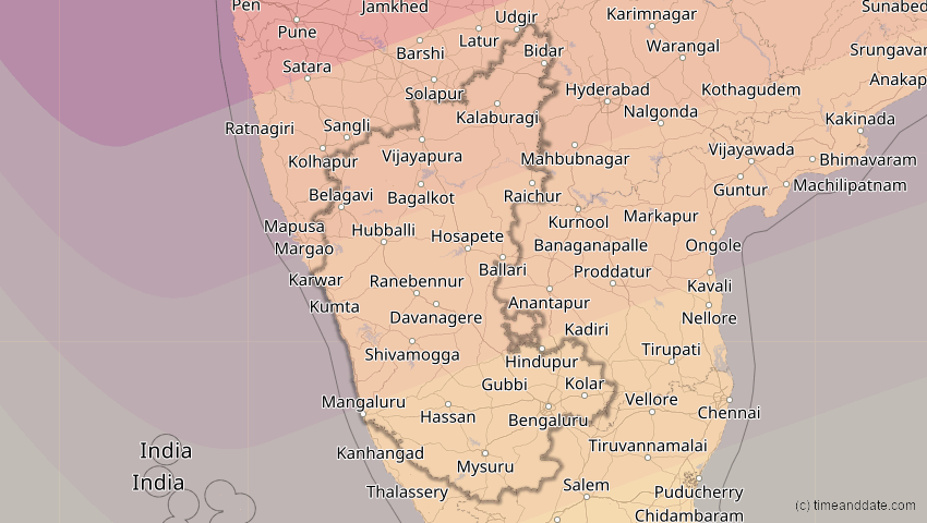 A map of Karnataka, Indien, showing the path of the 22. Jul 2009 Totale Sonnenfinsternis