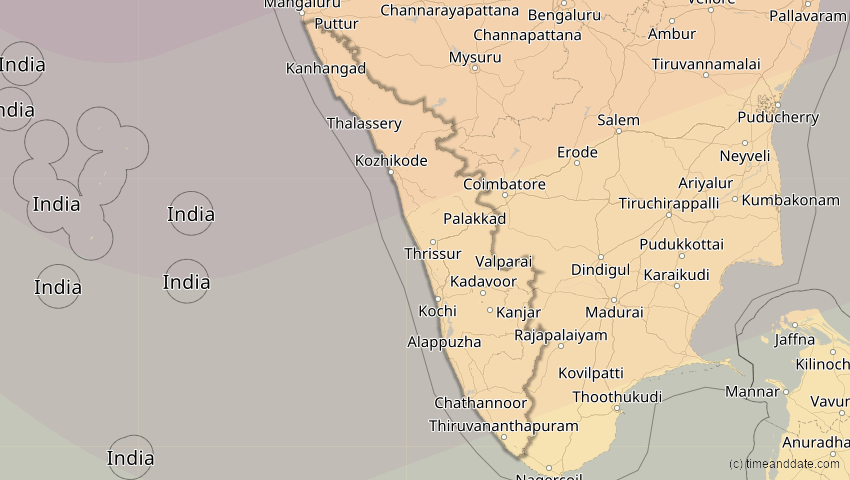 A map of Kerala, Indien, showing the path of the 22. Jul 2009 Totale Sonnenfinsternis
