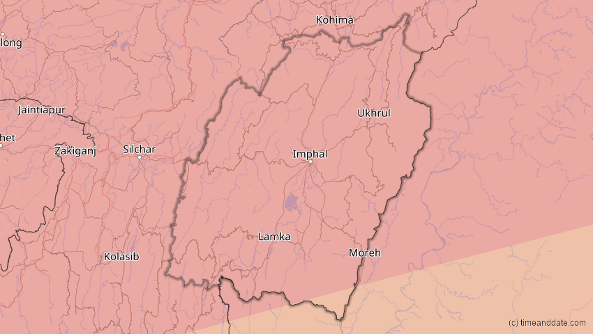 A map of Manipur, Indien, showing the path of the 22. Jul 2009 Totale Sonnenfinsternis