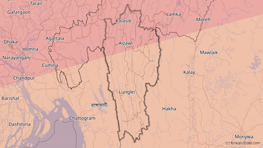 A map of Mizoram, Indien, showing the path of the 22. Jul 2009 Totale Sonnenfinsternis