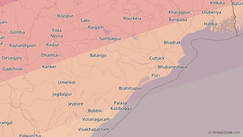 A map of Odisha, Indien, showing the path of the 22. Jul 2009 Totale Sonnenfinsternis