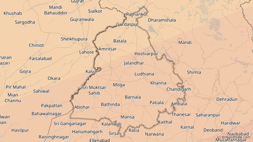 A map of Punjab, Indien, showing the path of the 22. Jul 2009 Totale Sonnenfinsternis