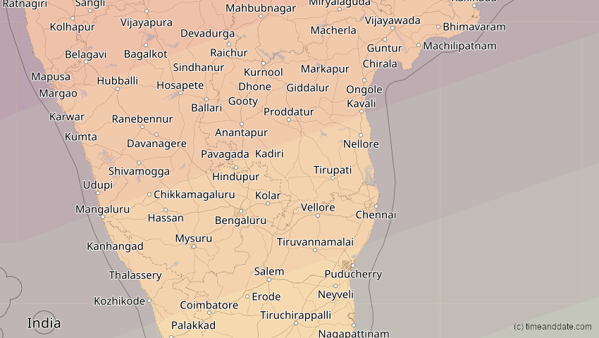 A map of Pondicherry, Indien, showing the path of the 22. Jul 2009 Totale Sonnenfinsternis