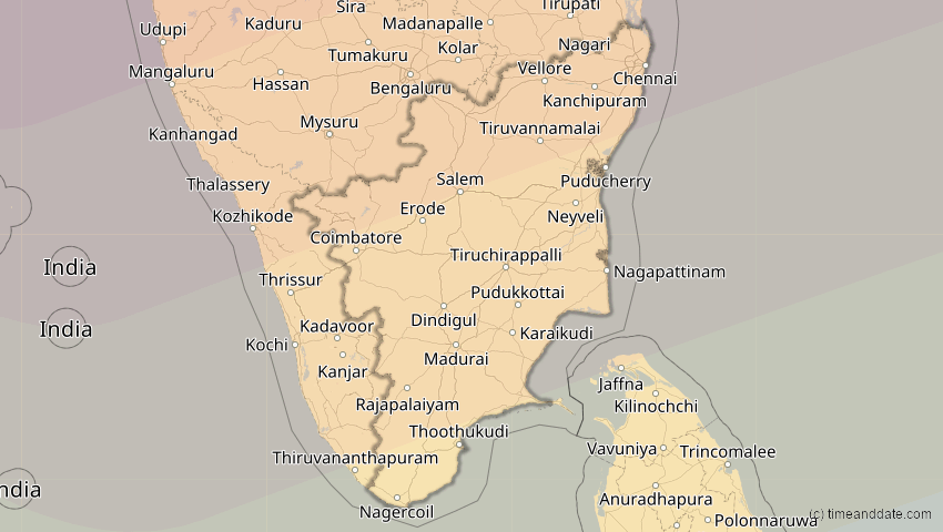 A map of Tamil Nadu, Indien, showing the path of the 22. Jul 2009 Totale Sonnenfinsternis