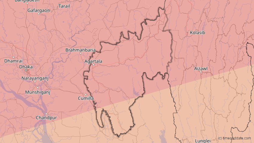A map of Tripura, Indien, showing the path of the 22. Jul 2009 Totale Sonnenfinsternis