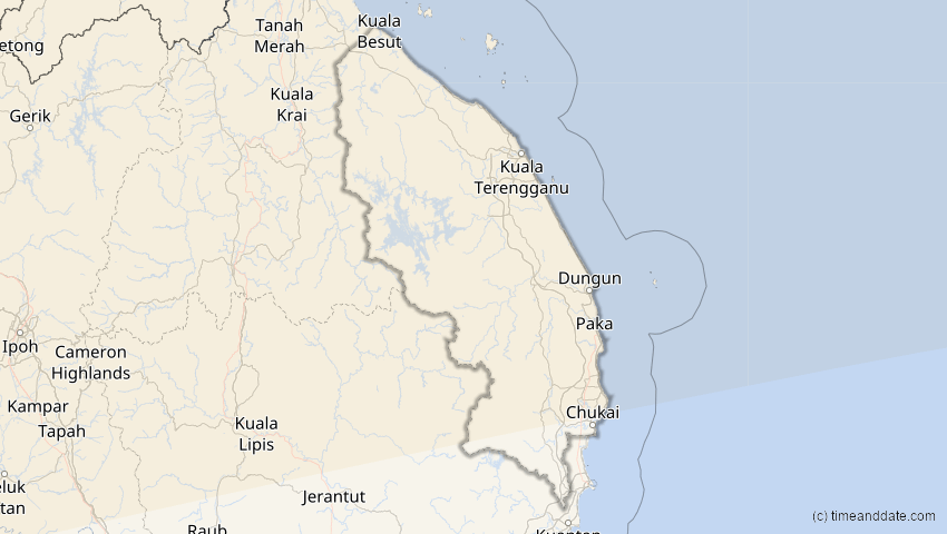 A map of Terengganu, Malaysia, showing the path of the 22. Jul 2009 Totale Sonnenfinsternis
