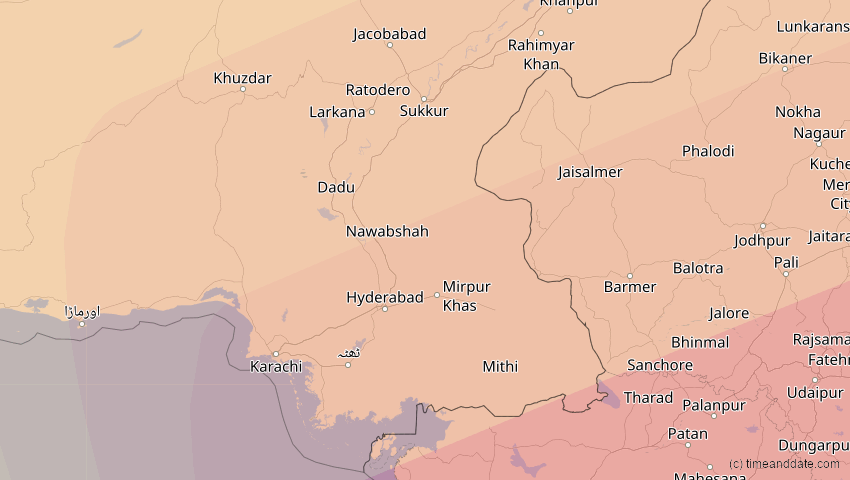 A map of Sindh, Pakistan, showing the path of the 22. Jul 2009 Totale Sonnenfinsternis