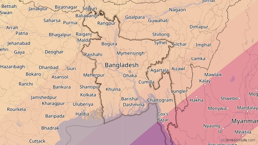 A map of Bangladesch, showing the path of the 15. Jan 2010 Ringförmige Sonnenfinsternis