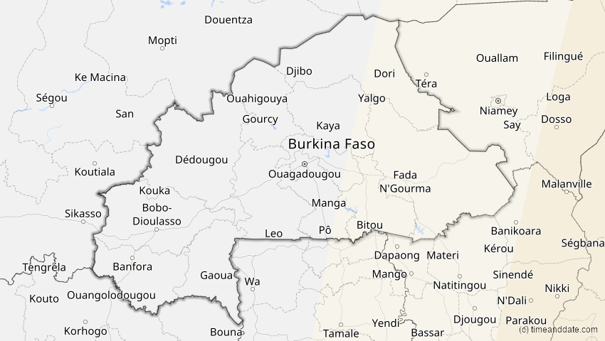 A map of Burkina Faso, showing the path of the 15. Jan 2010 Ringförmige Sonnenfinsternis