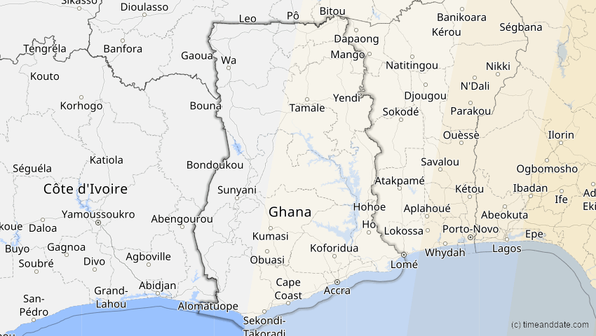 A map of Ghana, showing the path of the 15. Jan 2010 Ringförmige Sonnenfinsternis