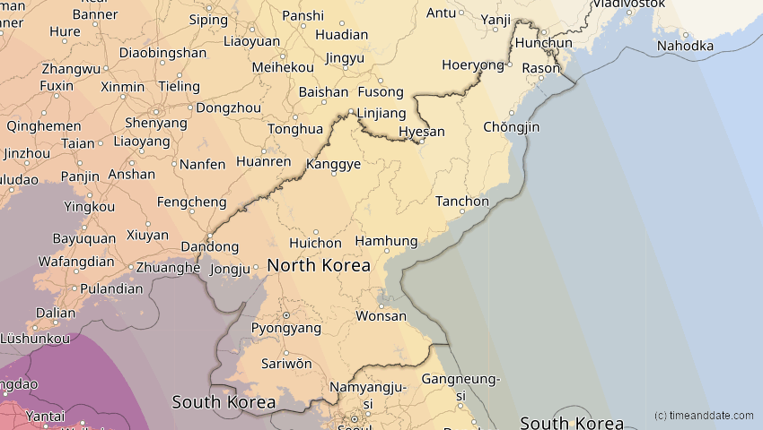 A map of Nordkorea, showing the path of the 15. Jan 2010 Ringförmige Sonnenfinsternis
