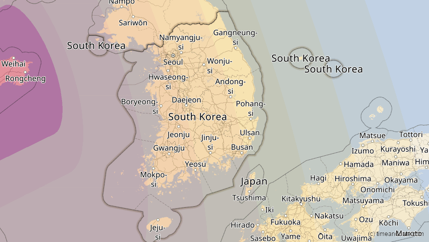 A map of Südkorea, showing the path of the 15. Jan 2010 Ringförmige Sonnenfinsternis