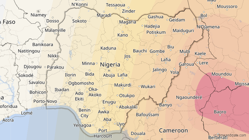 A map of Nigeria, showing the path of the 15. Jan 2010 Ringförmige Sonnenfinsternis