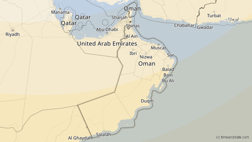 A map of Oman, showing the path of the 15. Jan 2010 Ringförmige Sonnenfinsternis