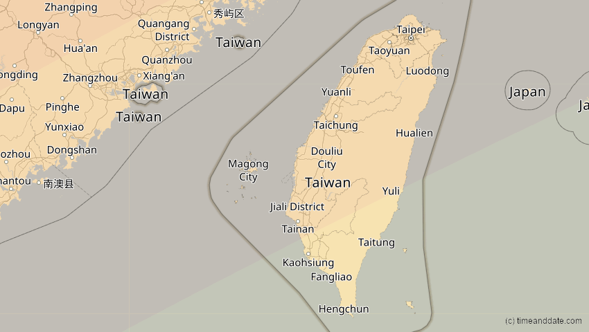 A map of Taiwan, showing the path of the 15. Jan 2010 Ringförmige Sonnenfinsternis