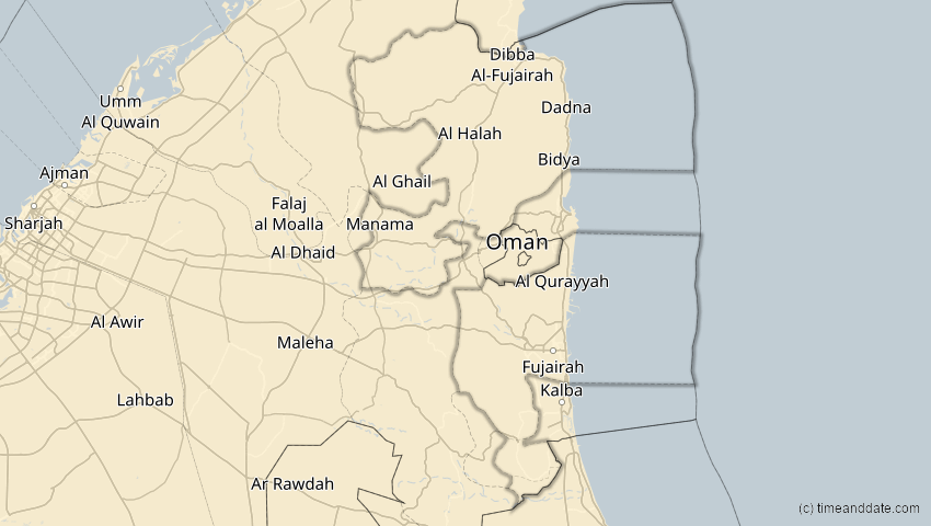 A map of Fudschaira, Vereinigte Arabische Emirate, showing the path of the 15. Jan 2010 Ringförmige Sonnenfinsternis