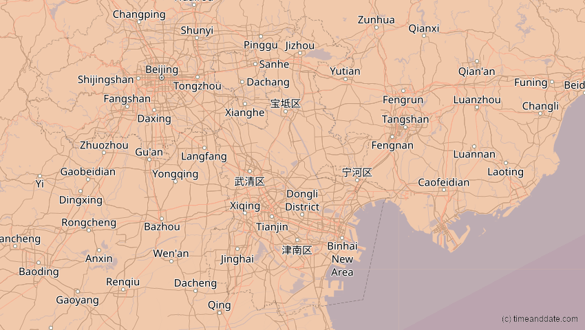 A map of Tianjín, China, showing the path of the 15. Jan 2010 Ringförmige Sonnenfinsternis