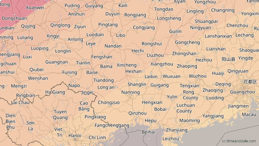 A map of Guangxi, China, showing the path of the 15. Jan 2010 Ringförmige Sonnenfinsternis