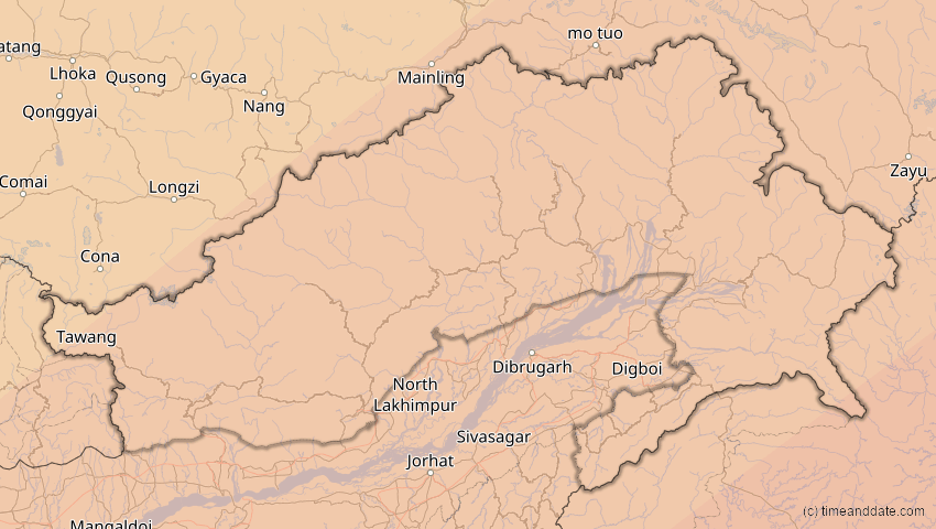 A map of Arunachal Pradesh, Indien, showing the path of the 15. Jan 2010 Ringförmige Sonnenfinsternis