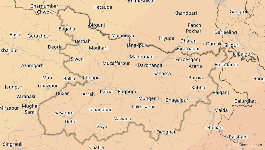 A map of Bihar, Indien, showing the path of the 15. Jan 2010 Ringförmige Sonnenfinsternis