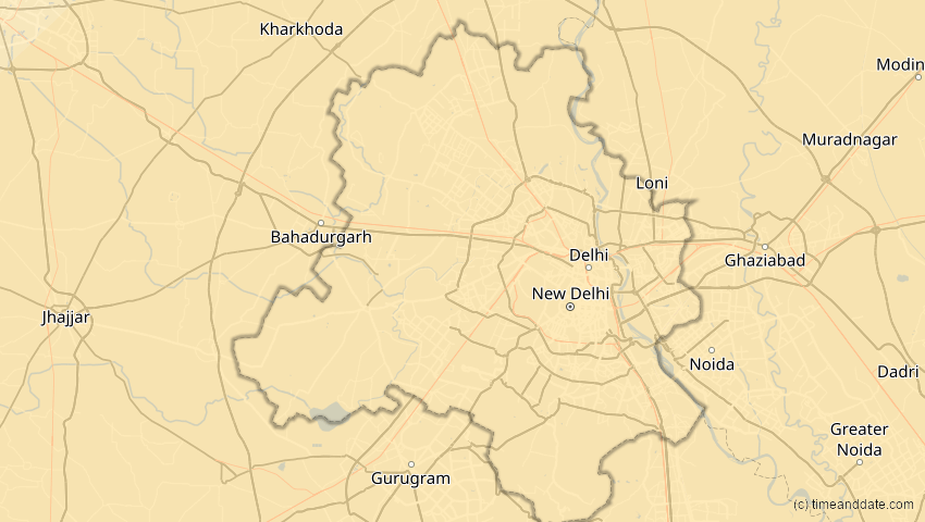 A map of Delhi, Indien, showing the path of the 15. Jan 2010 Ringförmige Sonnenfinsternis