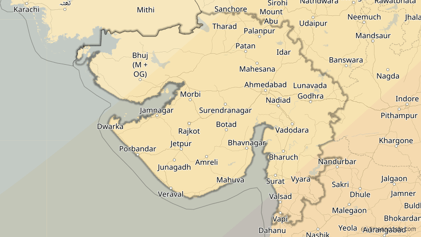 A map of Gujarat, Indien, showing the path of the 15. Jan 2010 Ringförmige Sonnenfinsternis